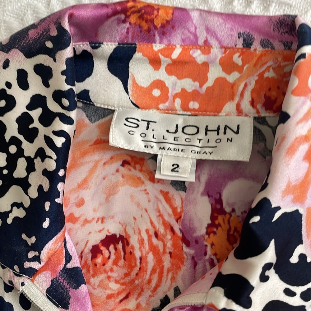ST. JOHN silk floral leopard print blouse roses peony - Picture 7 of 17